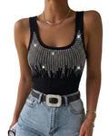 CHICME DAZZLE Women Rhinestone Tank Top Sparkly Ribbed Summer Casual Tops