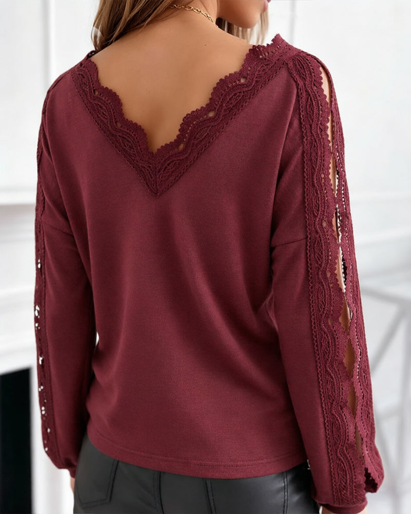 CHICME DAZZLE Women's V-Neck Hollow-Out Knit Long Sleeve Lantern Loose Fit Blouse