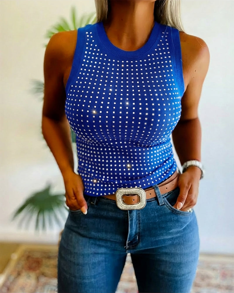 CHICME DAZZLE Women Rhinestone Ribbed Tank Top Sparkly Sleeveless Going Out Top