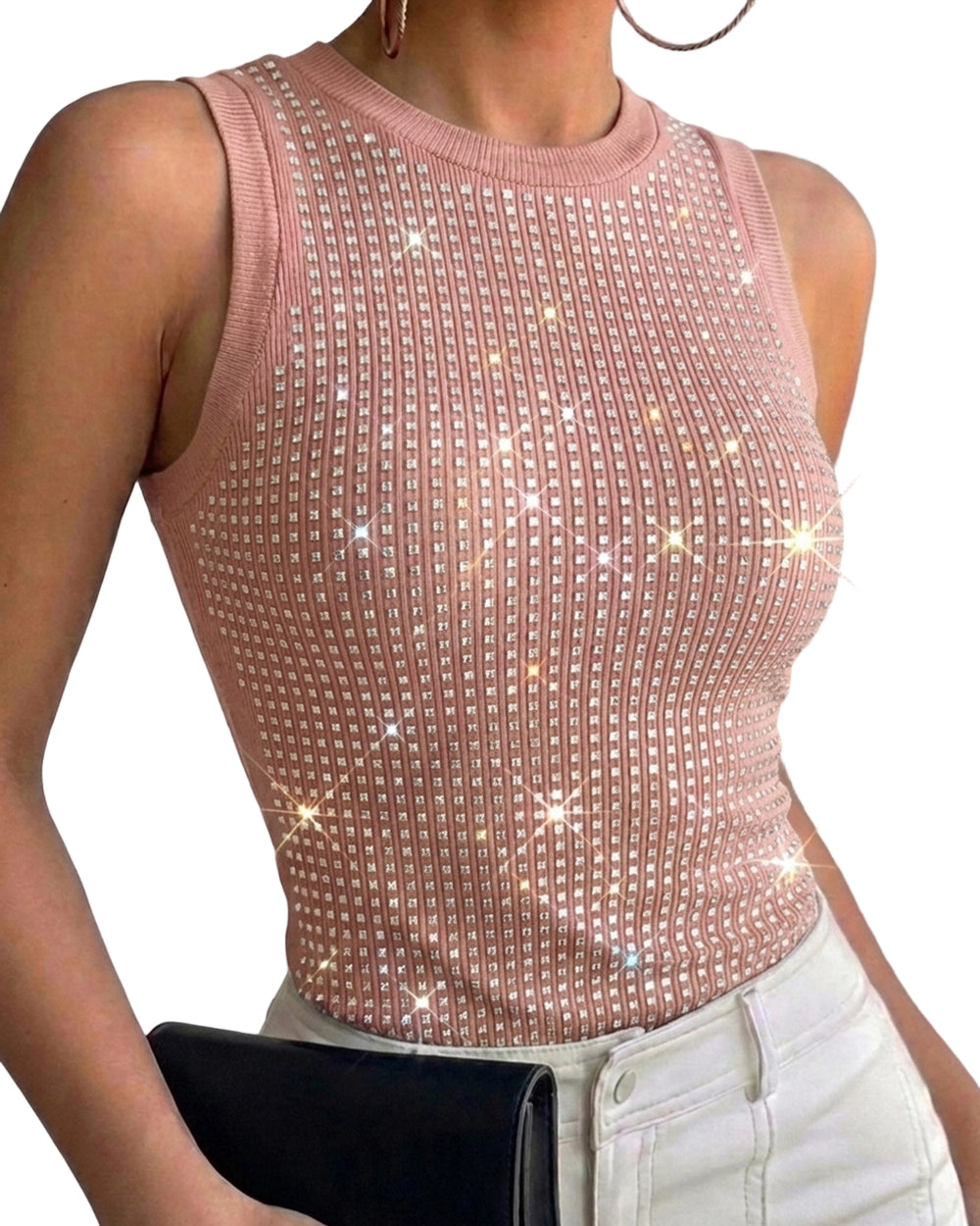 CHICME DAZZLE Women Rhinestone Ribbed Tank Top Sparkly Sleeveless Going Out Top