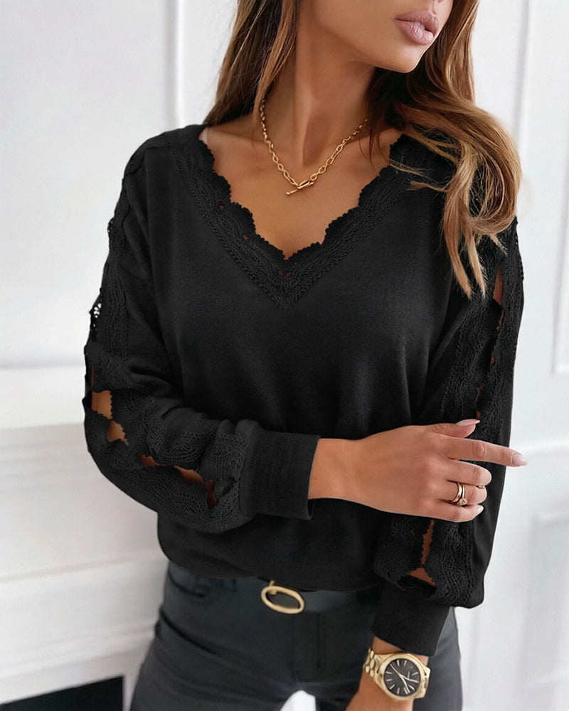 CHICME DAZZLE Women's V-Neck Hollow-Out Knit Long Sleeve Lantern Loose Fit Blouse