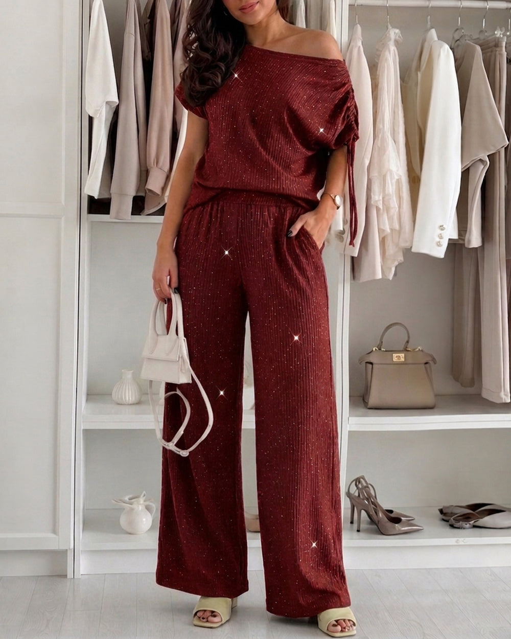 CHICME DAZZLE Women Rhinestone 2 Piece Outfit High Waist Wide Leg Pants Set