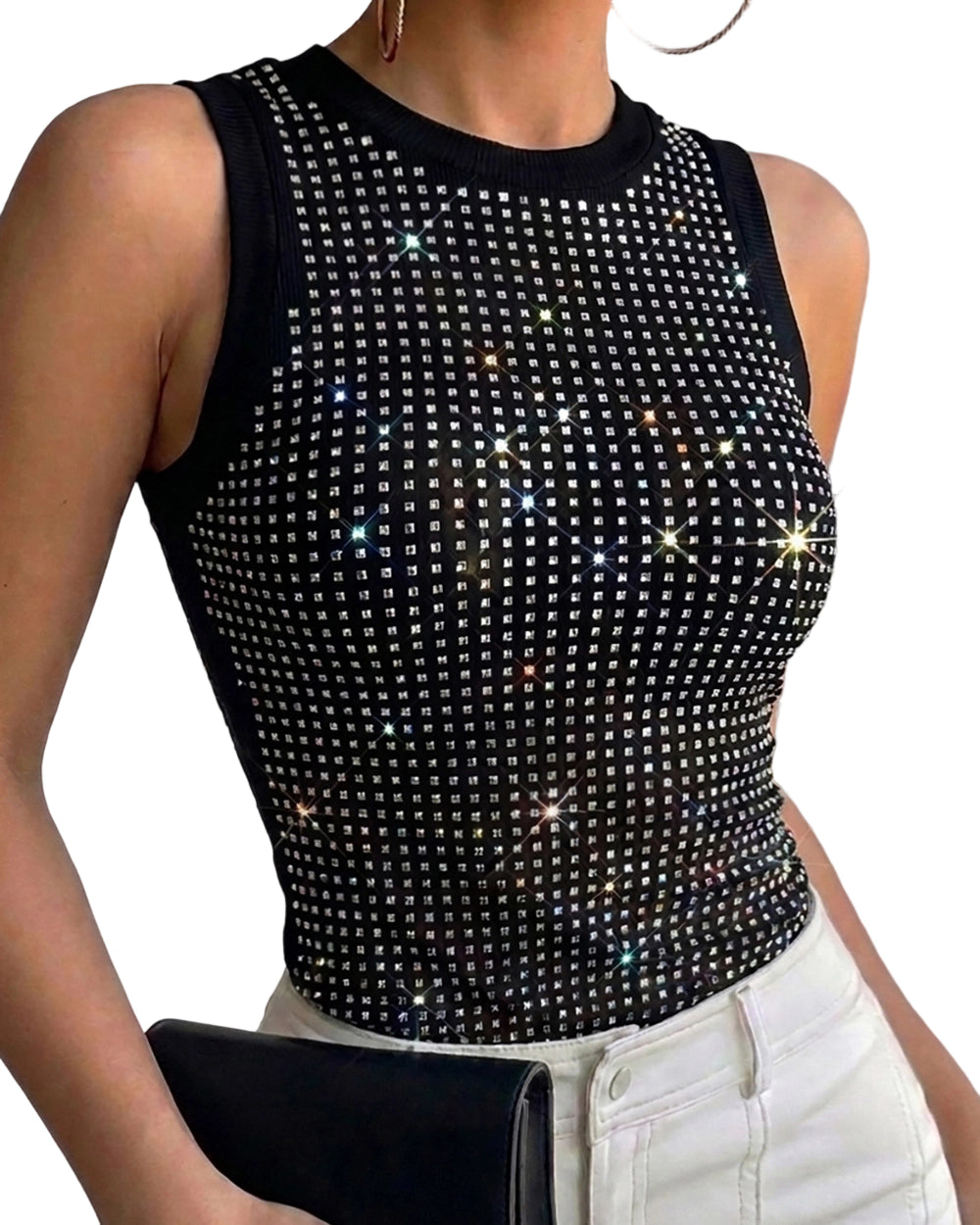 CHICME DAZZLE Women Rhinestone Ribbed Tank Top Sparkly Sleeveless Going Out Top