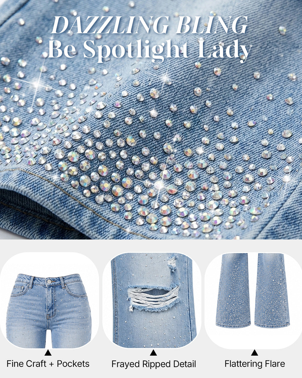 CHICME DAZZLE Women's High Waisted Rhinestone Flare Jeans Distressed Ripped Bell Bottom Denim Pants Sparkly Y2K Streetwear