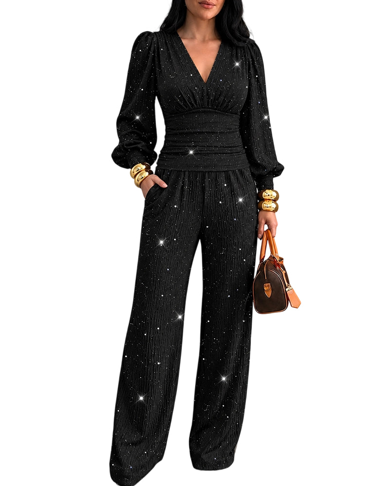 CHICME DAZZLE Women's 2 Piece Glitter Set Deep V Neck Ruched Top Pants