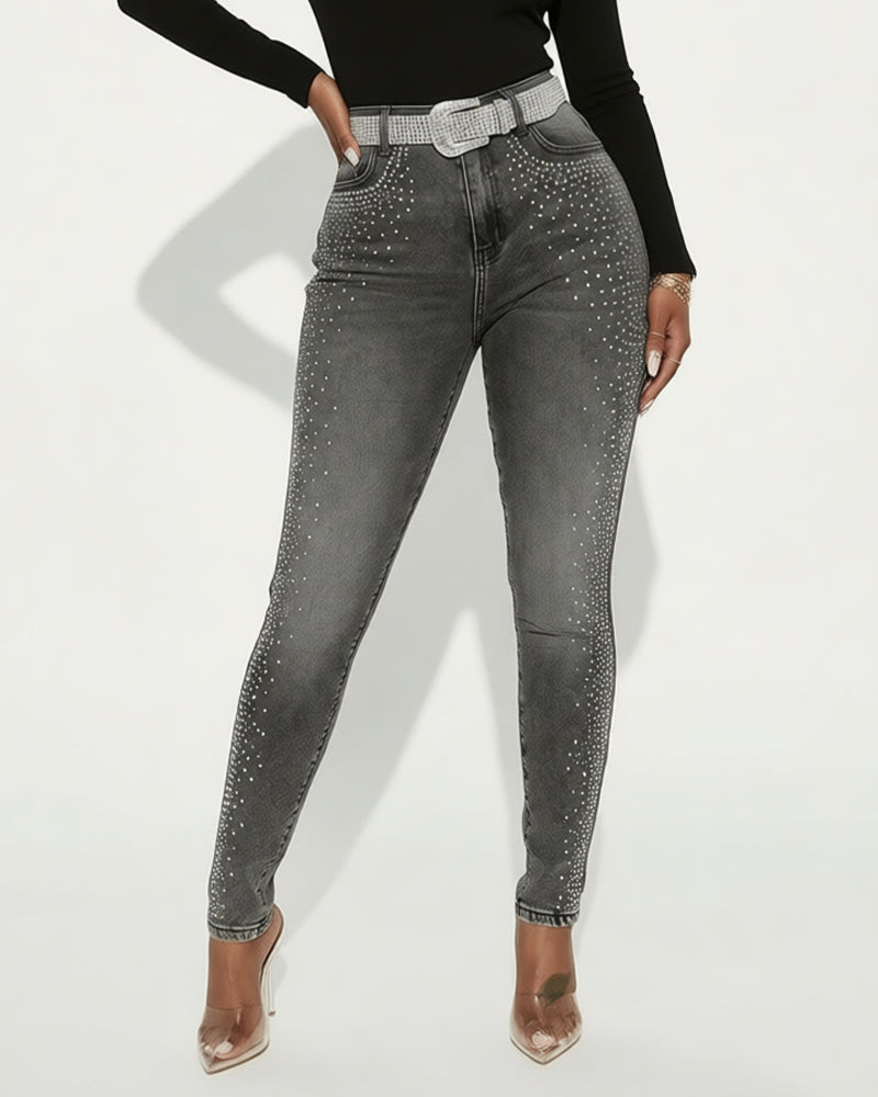 CHICME DAZZLE Women's Rhinestone Skinny Jeans High Waisted Washed Stretchy Denim Pants Party Streetwear