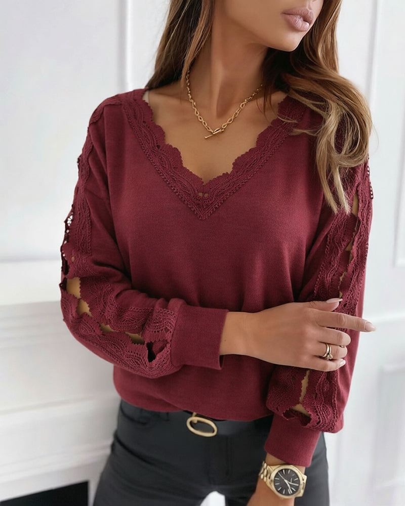 CHICME DAZZLE Women's V-Neck Hollow-Out Knit Long Sleeve Lantern Loose Fit Blouse