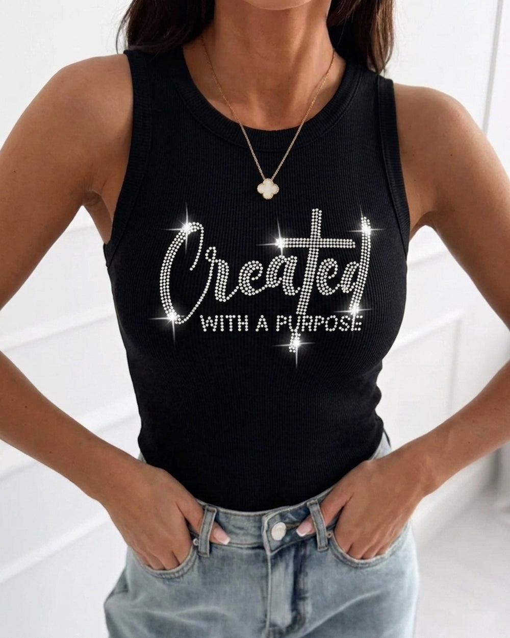 CHICME DAZZLE Women Rhinestone Graphic Ribbed Tank Top Slim Knit Top