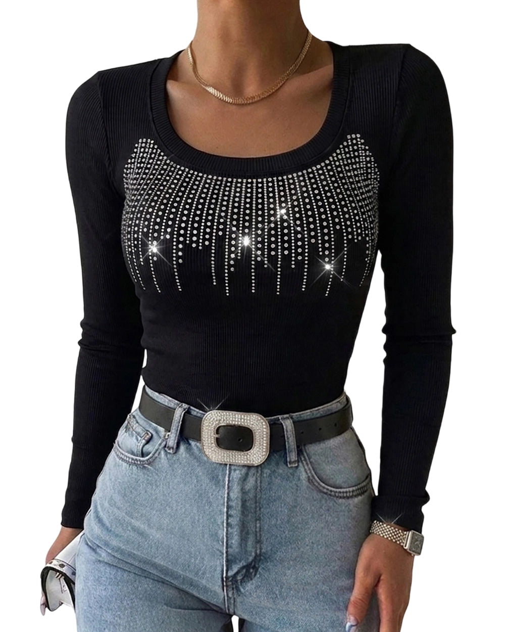 CHICME DAZZLE Women's Rhinestone Long Sleeve Top Fall