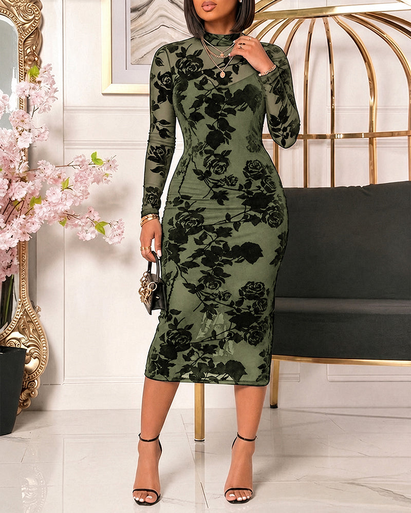 CHICME DAZZLE Women's Floral Mesh Mock Neck Long Sleeve Midi Dress Set