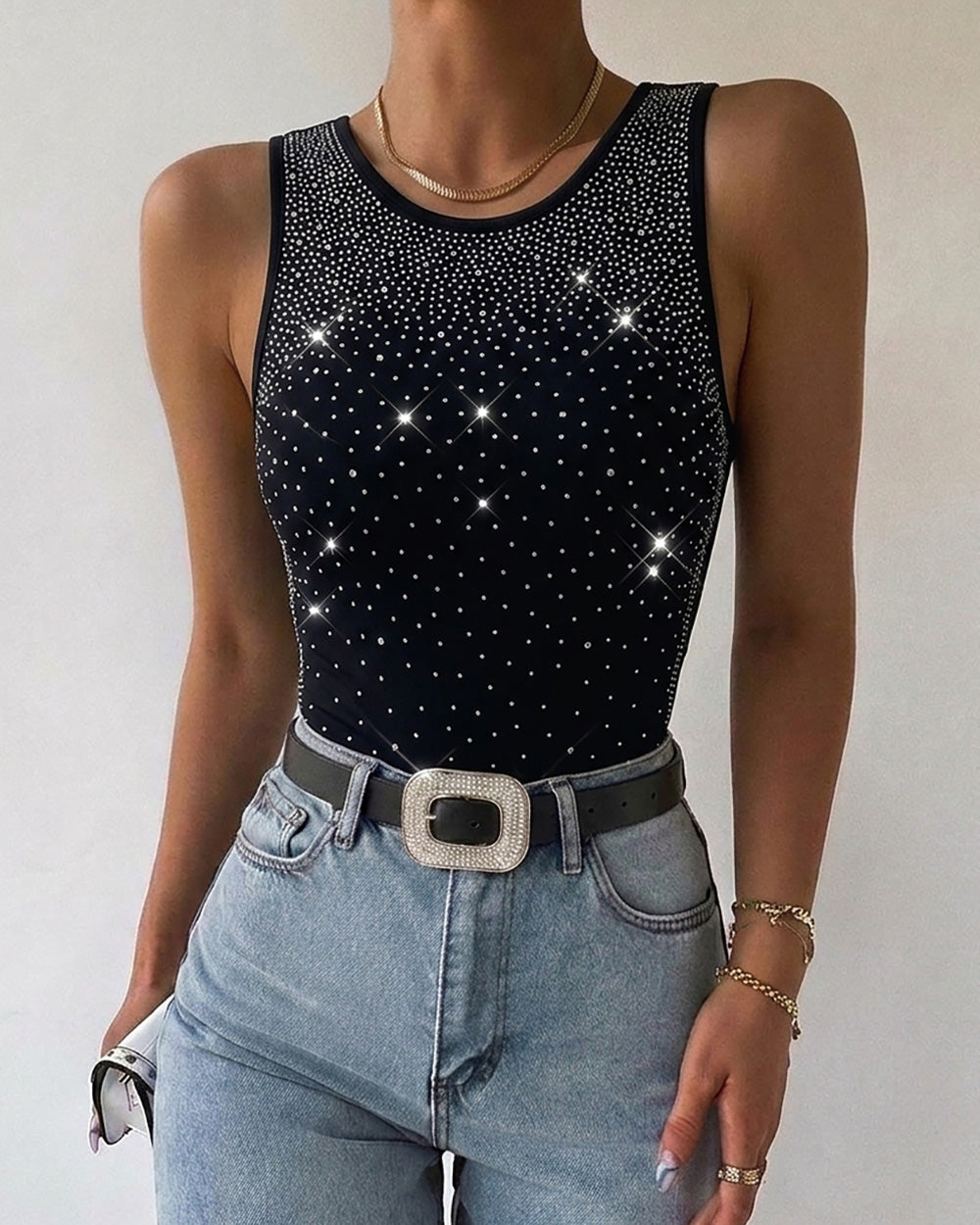 CHICME DAZZLE Women Rhinestone Bodysuit Sparkly Sleeveless Black Tank Bodysuit