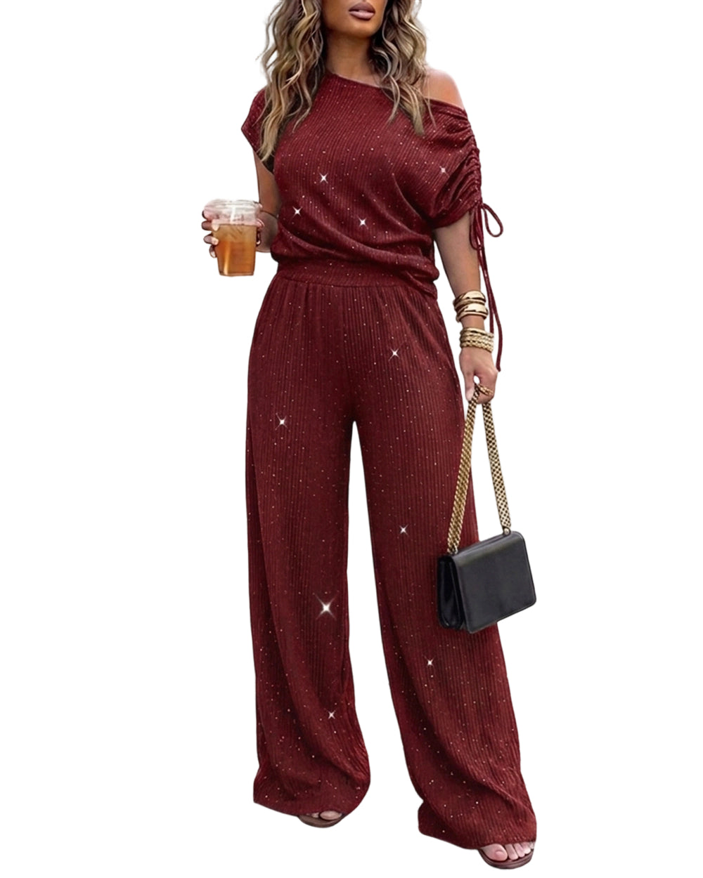 CHICME DAZZLE Women Rhinestone 2 Piece Outfit High Waist Wide Leg Pants Set