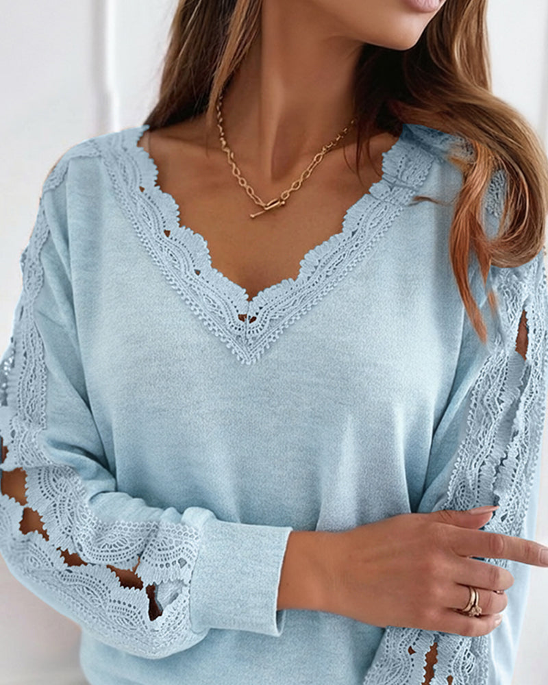 CHICME DAZZLE Women's V-Neck Hollow-Out Knit Long Sleeve Lantern Loose Fit Blouse