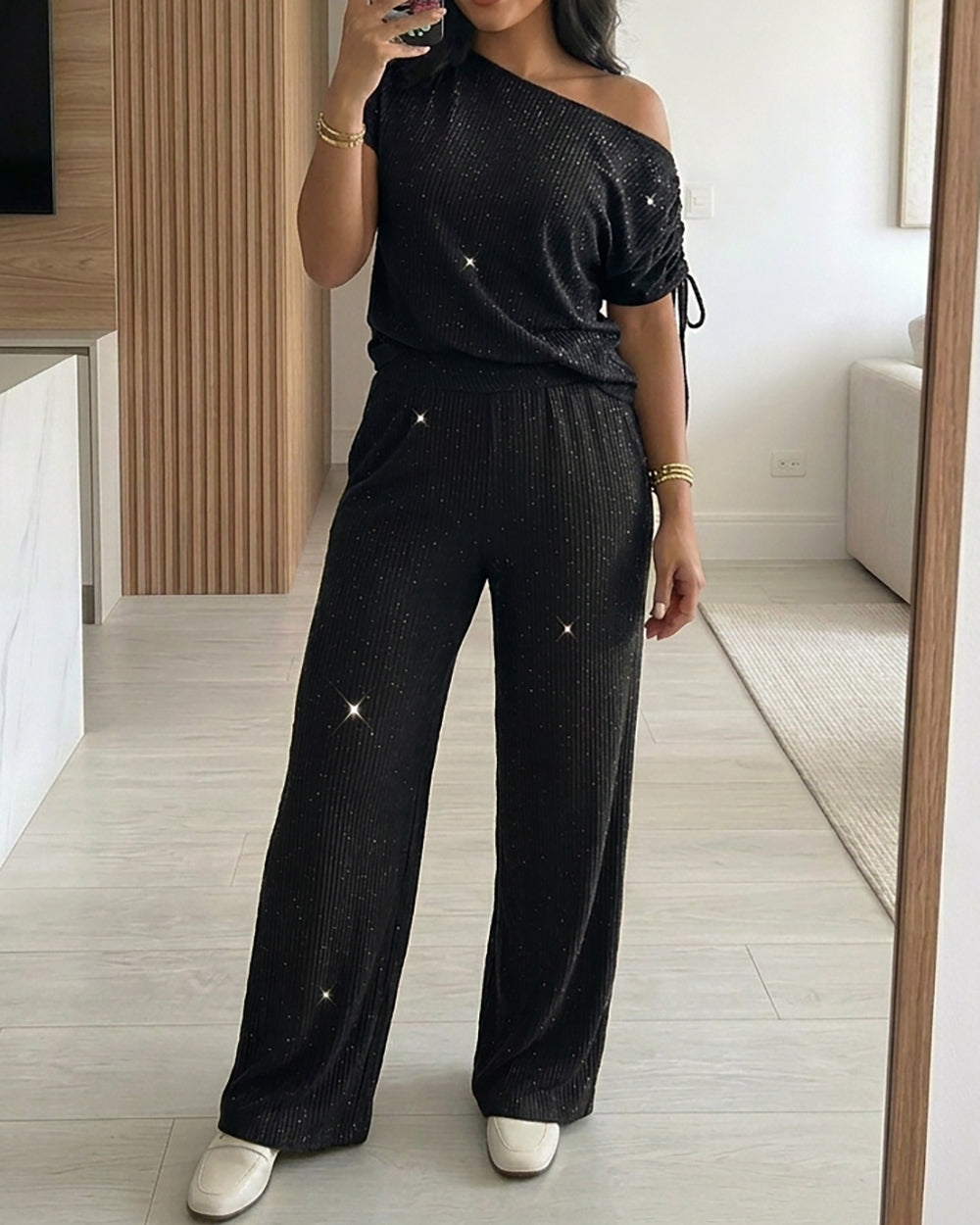 CHICME DAZZLE Women Rhinestone 2 Piece Outfit High Waist Wide Leg Pants Set