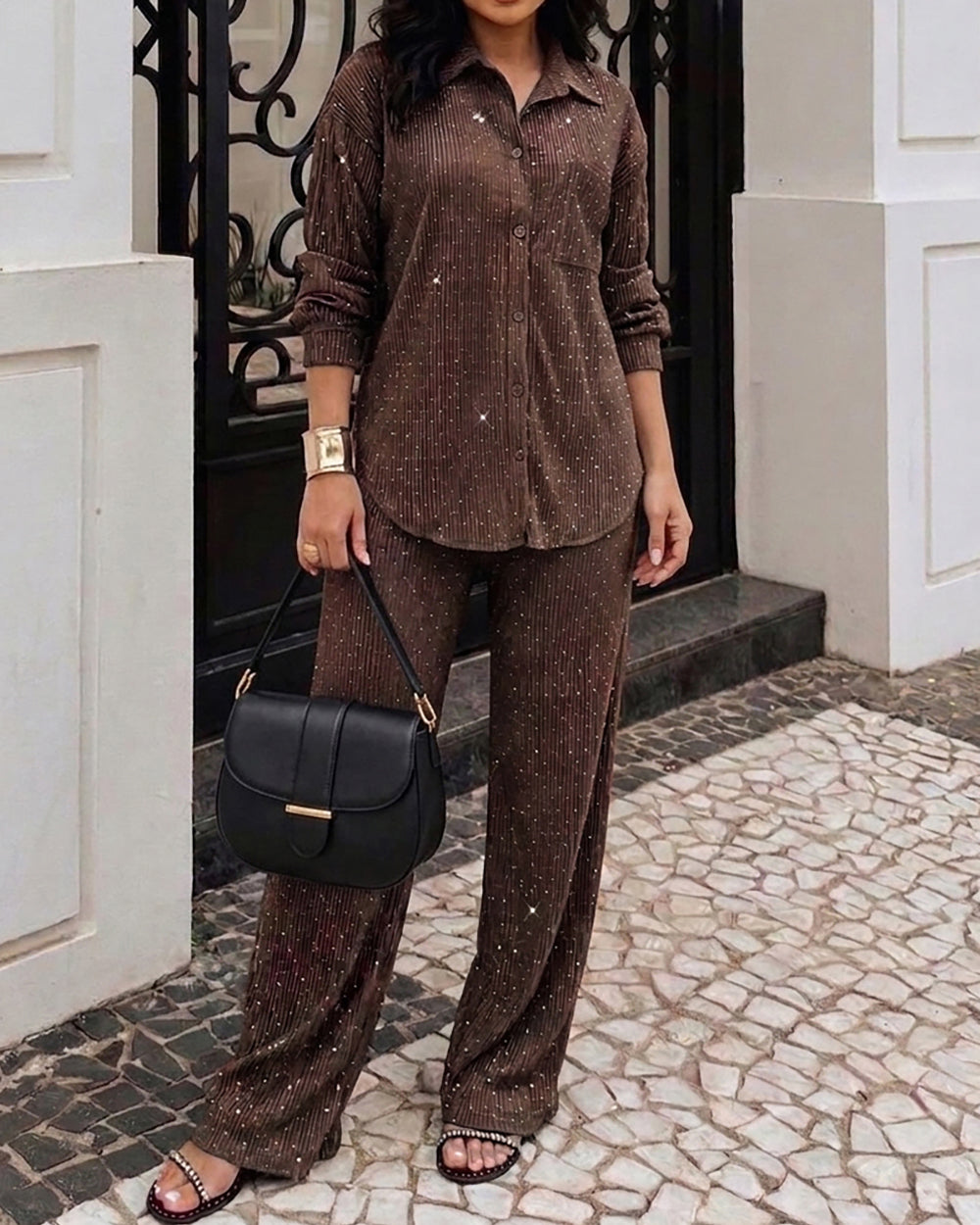 CHICME DAZZLE Women Rhinestone 2 Piece Outfit Drawstring Wide Leg Pants Set