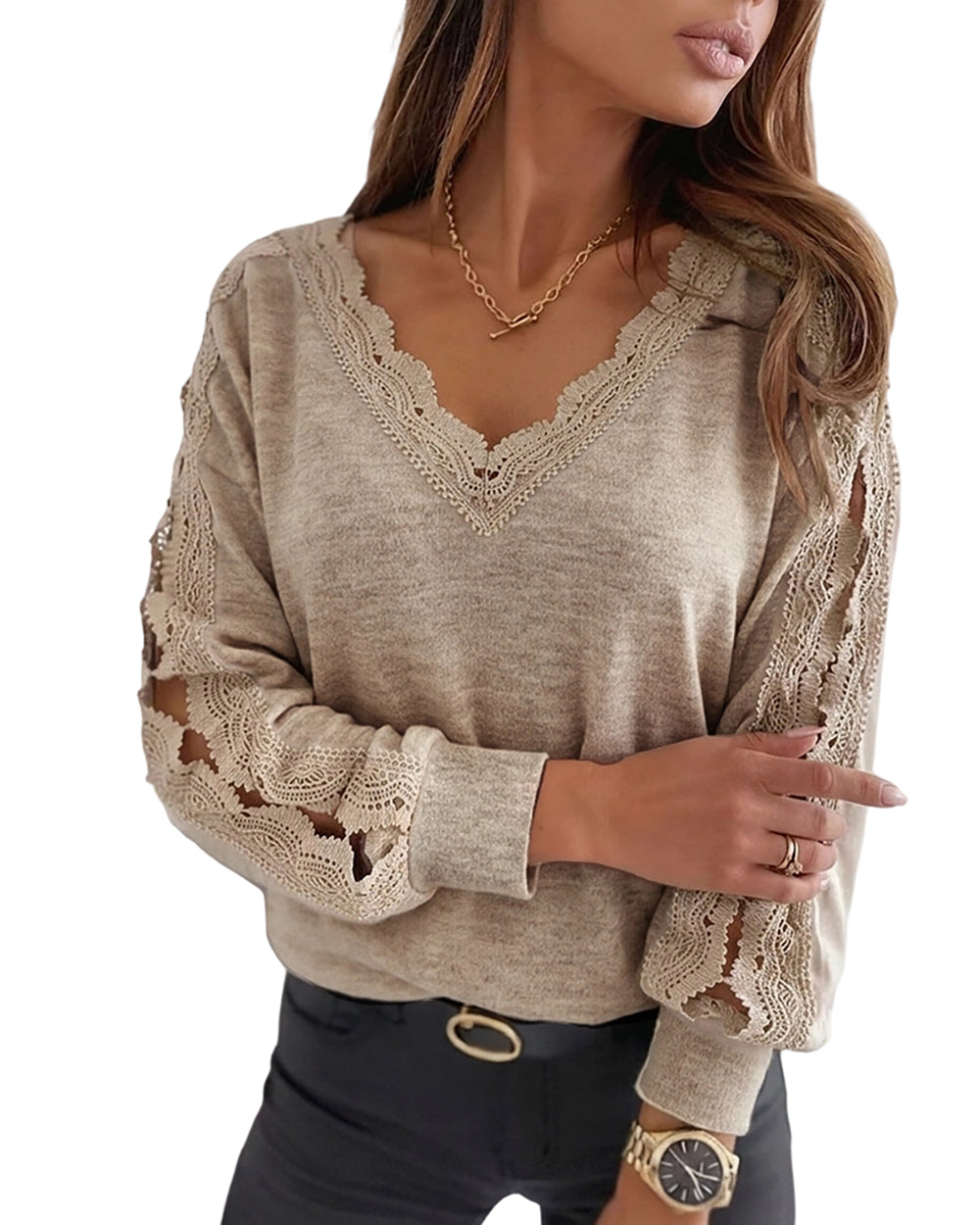 CHICME DAZZLE Women's V-Neck Hollow-Out Knit Long Sleeve Lantern Loose Fit Blouse