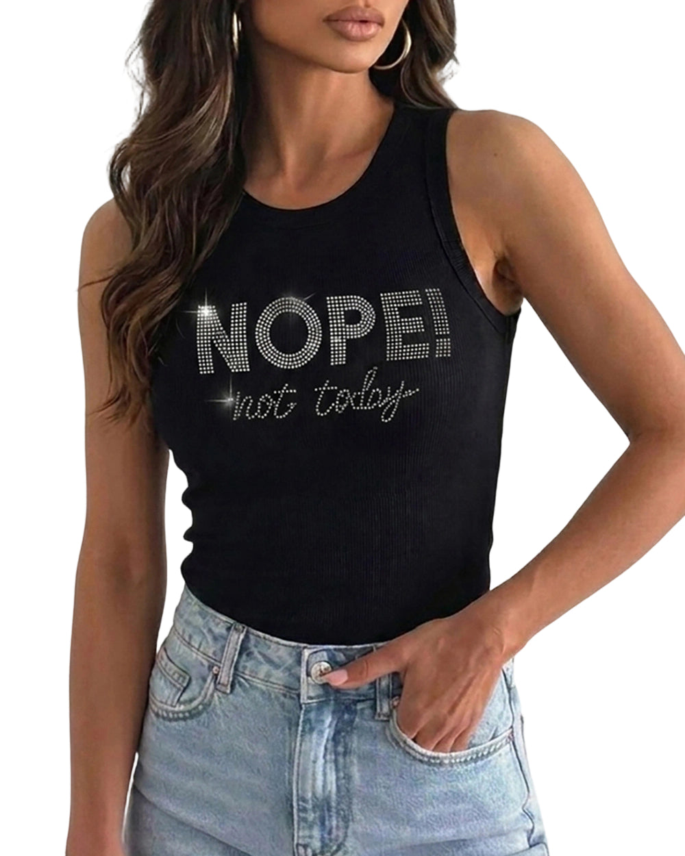 CHICME DAZZLE Women Rhinestone Graphic Ribbed Tank Top Slim Knit Top