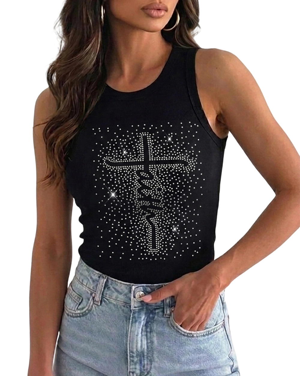 CHICME DAZZLE Women Rhinestone Graphic Ribbed Tank Top Slim Knit Top