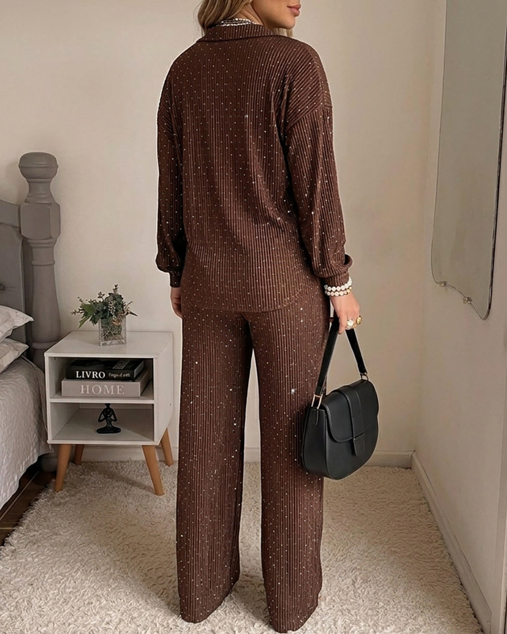 CHICME DAZZLE Women Rhinestone 2 Piece Outfit Drawstring Wide Leg Pants Set