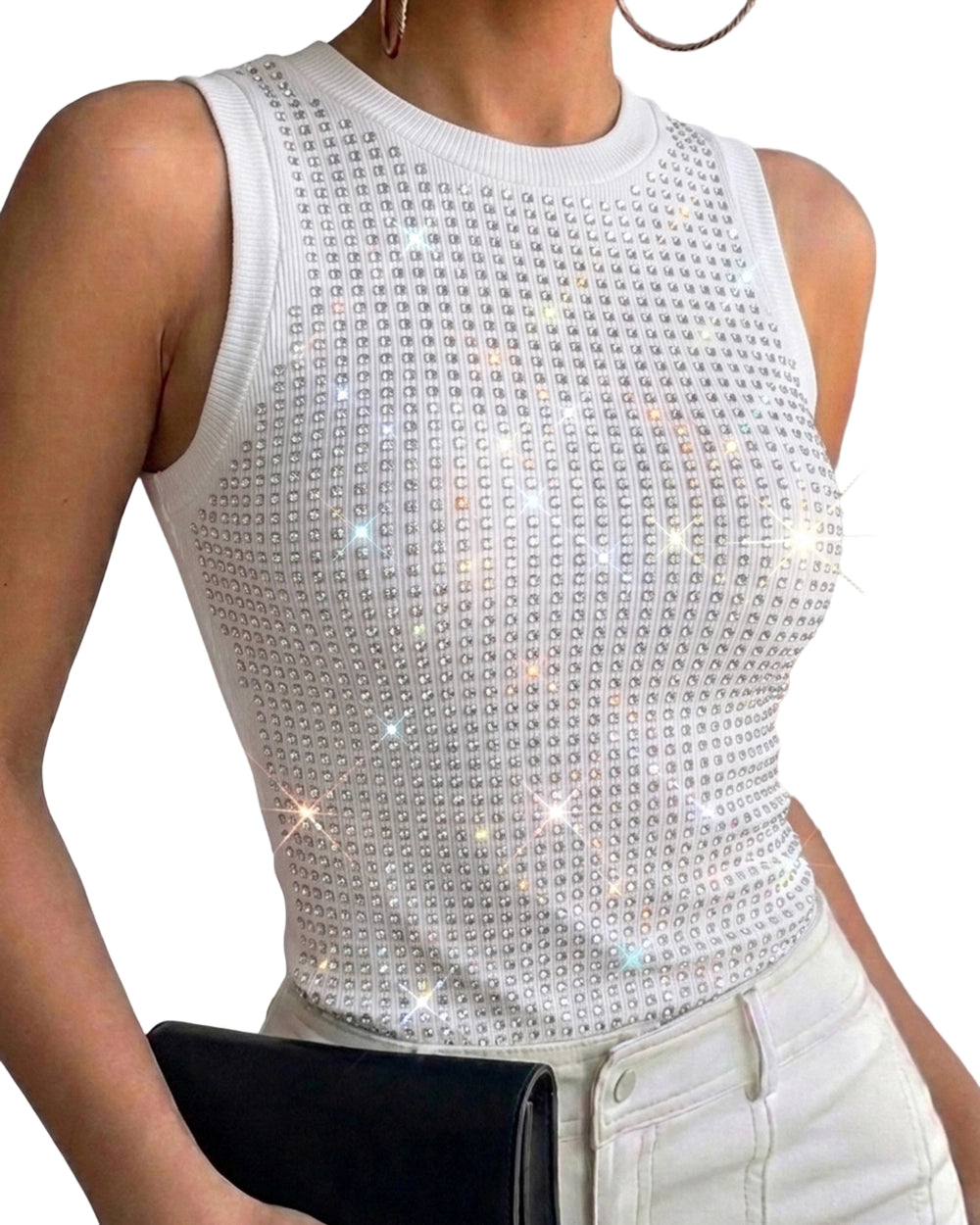 CHICME DAZZLE Women Rhinestone Ribbed Tank Top Sparkly Sleeveless Going Out Top