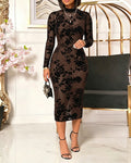 CHICME DAZZLE Women's Floral Mesh Mock Neck Long Sleeve Midi Dress Set