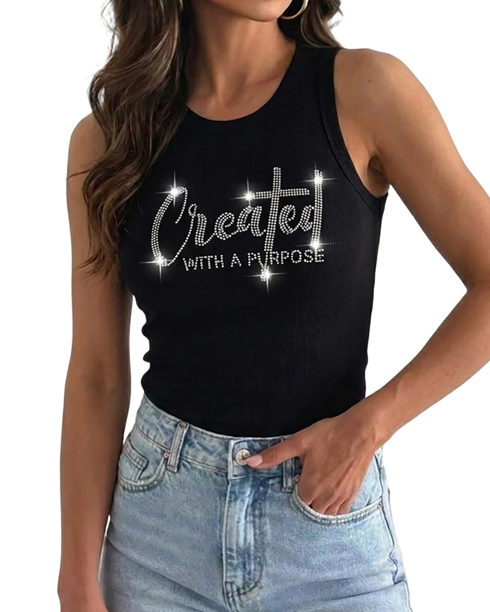 CHICME DAZZLE Women Rhinestone Graphic Ribbed Tank Top Slim Knit Top