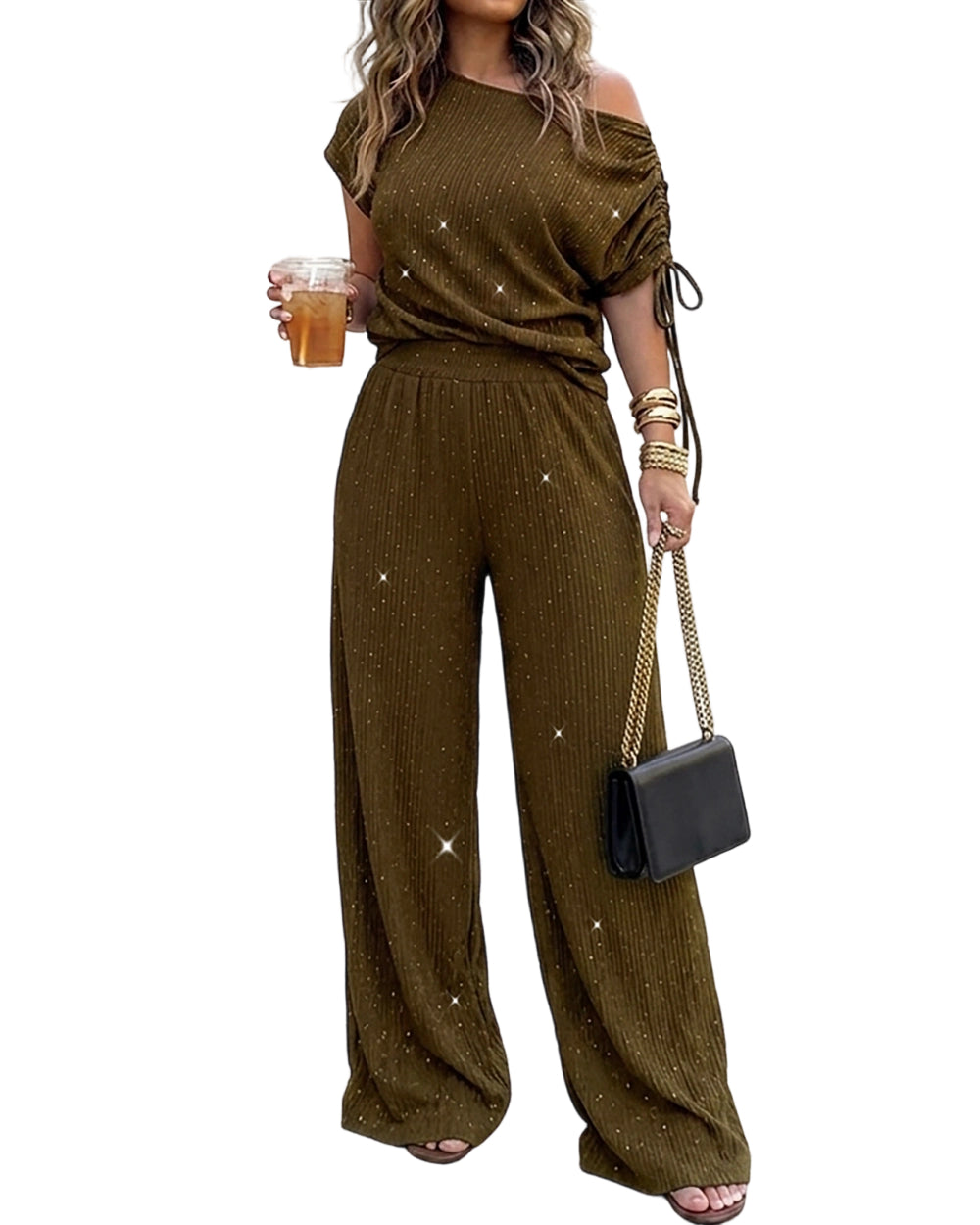 CHICME DAZZLE Women Rhinestone 2 Piece Outfit High Waist Wide Leg Pants Set