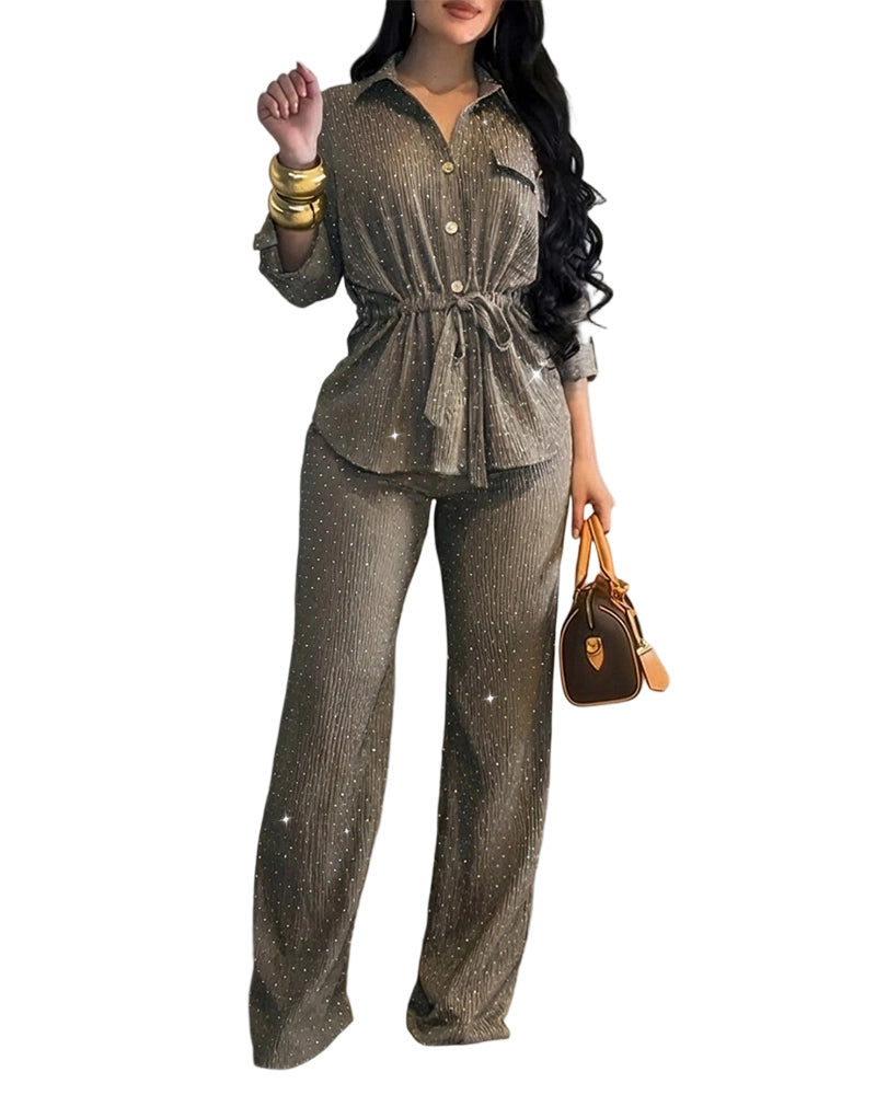 CHICME DAZZLE Women's Rhinestone Textured 2 Piece Sets Summer Outfits Roll Sleeve Drawstring Waist Button Down Shirt Wide Leg Pants Matching Co Ord Pant Set for Travel Party