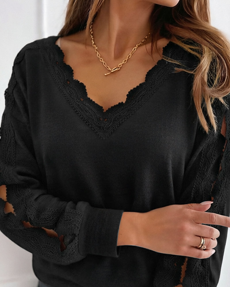 CHICME DAZZLE Women's V-Neck Hollow-Out Knit Long Sleeve Lantern Loose Fit Blouse