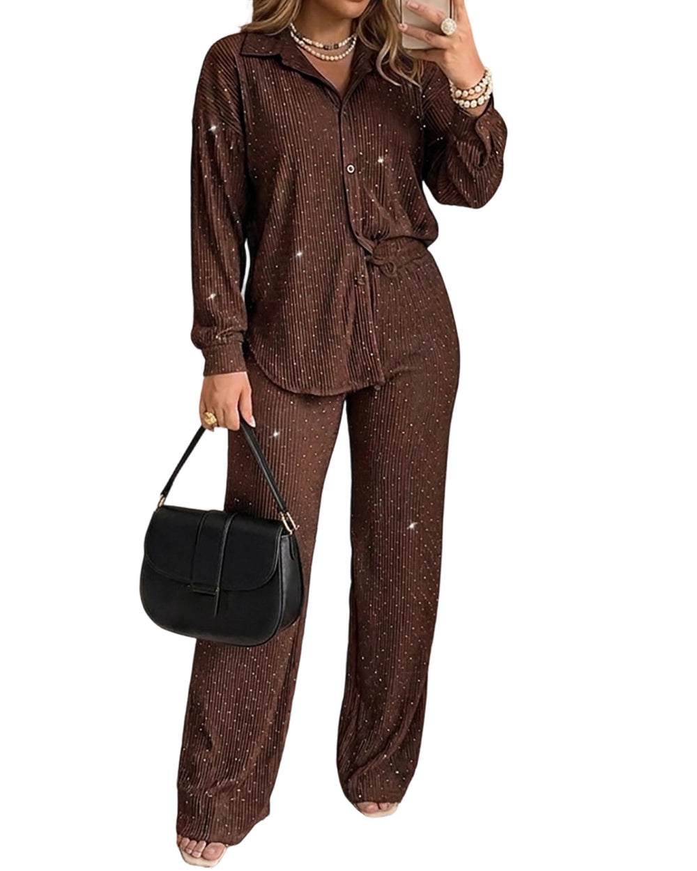 CHICME DAZZLE Women Rhinestone 2 Piece Outfit Drawstring Wide Leg Pants Set