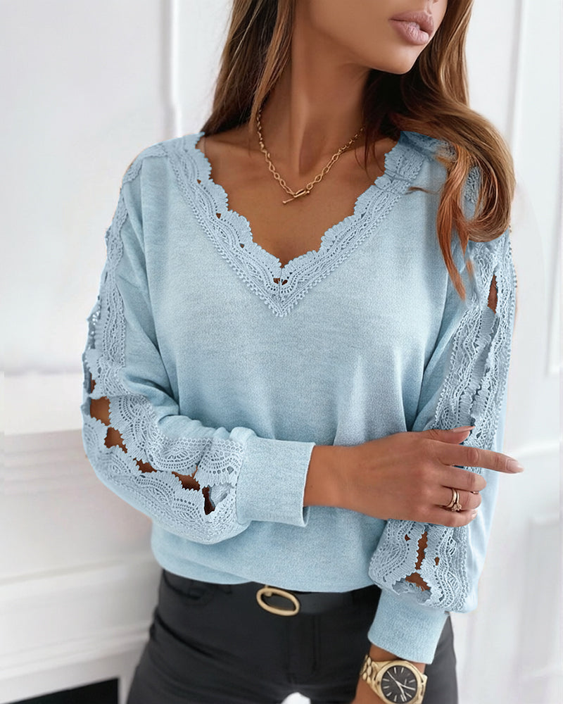 CHICME DAZZLE Women's V-Neck Hollow-Out Knit Long Sleeve Lantern Loose Fit Blouse
