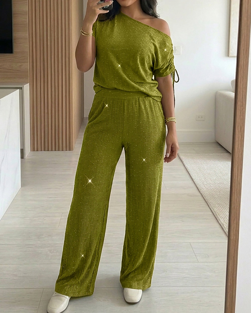 CHICME DAZZLE Women Rhinestone 2 Piece Outfit High Waist Wide Leg Pants Set