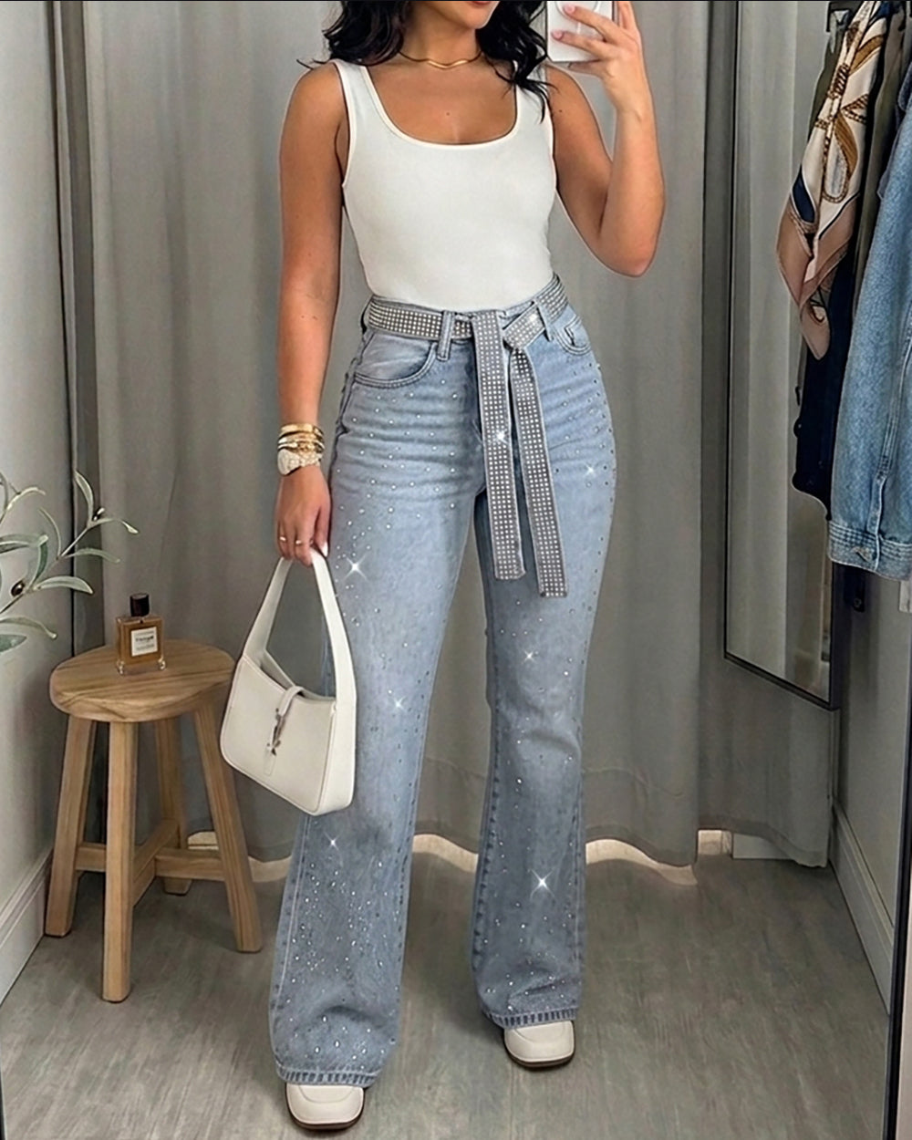 CHICME DAZZLE Women High Waisted Rhinestone Wide Leg Jeans Denim Pants with Belt