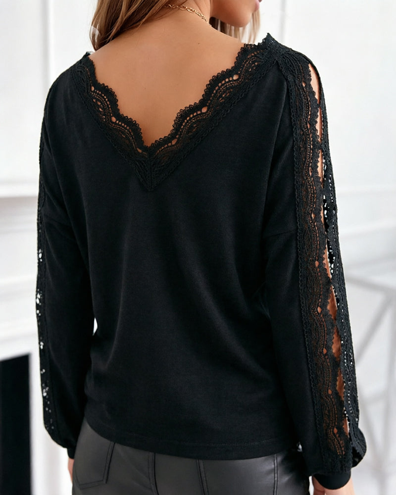 CHICME DAZZLE Women's V-Neck Hollow-Out Knit Long Sleeve Lantern Loose Fit Blouse