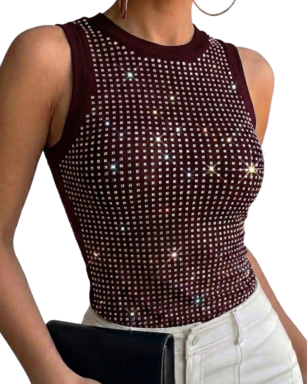 CHICME DAZZLE Women Rhinestone Ribbed Tank Top Sparkly Sleeveless Going Out Top