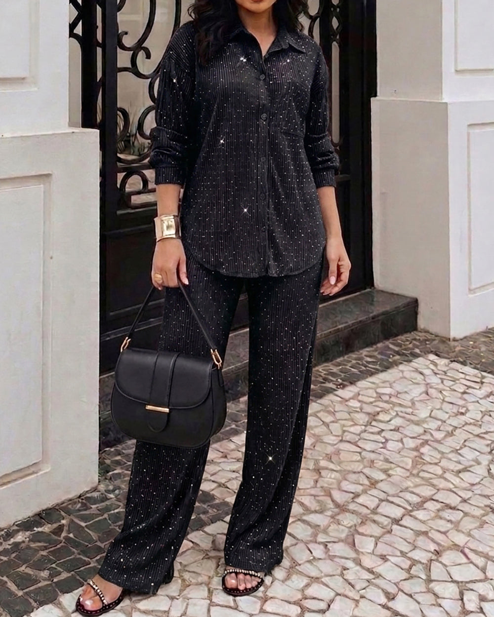 CHICME DAZZLE Women Rhinestone 2 Piece Outfit Drawstring Wide Leg Pants Set