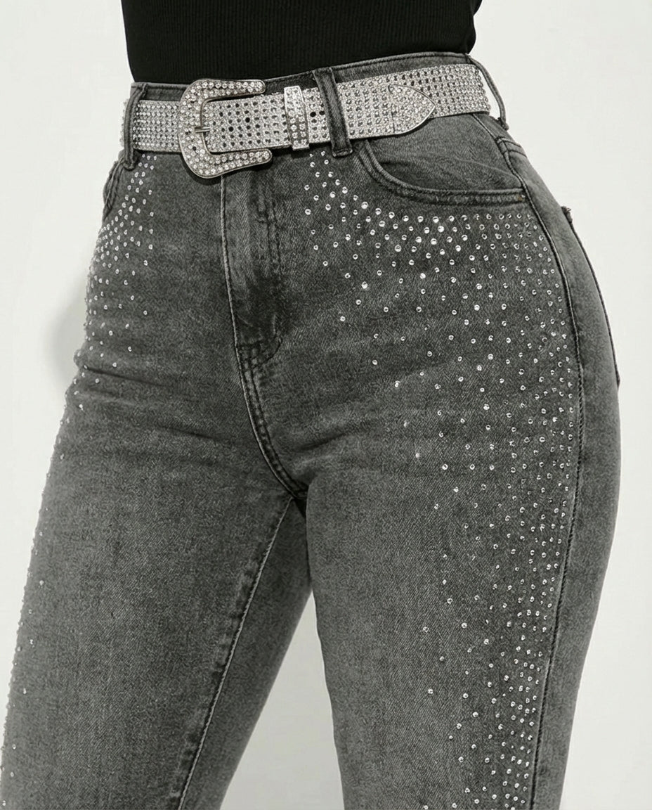CHICME DAZZLE Women's Rhinestone Skinny Jeans High Waisted Washed Stretchy Denim Pants Party Streetwear