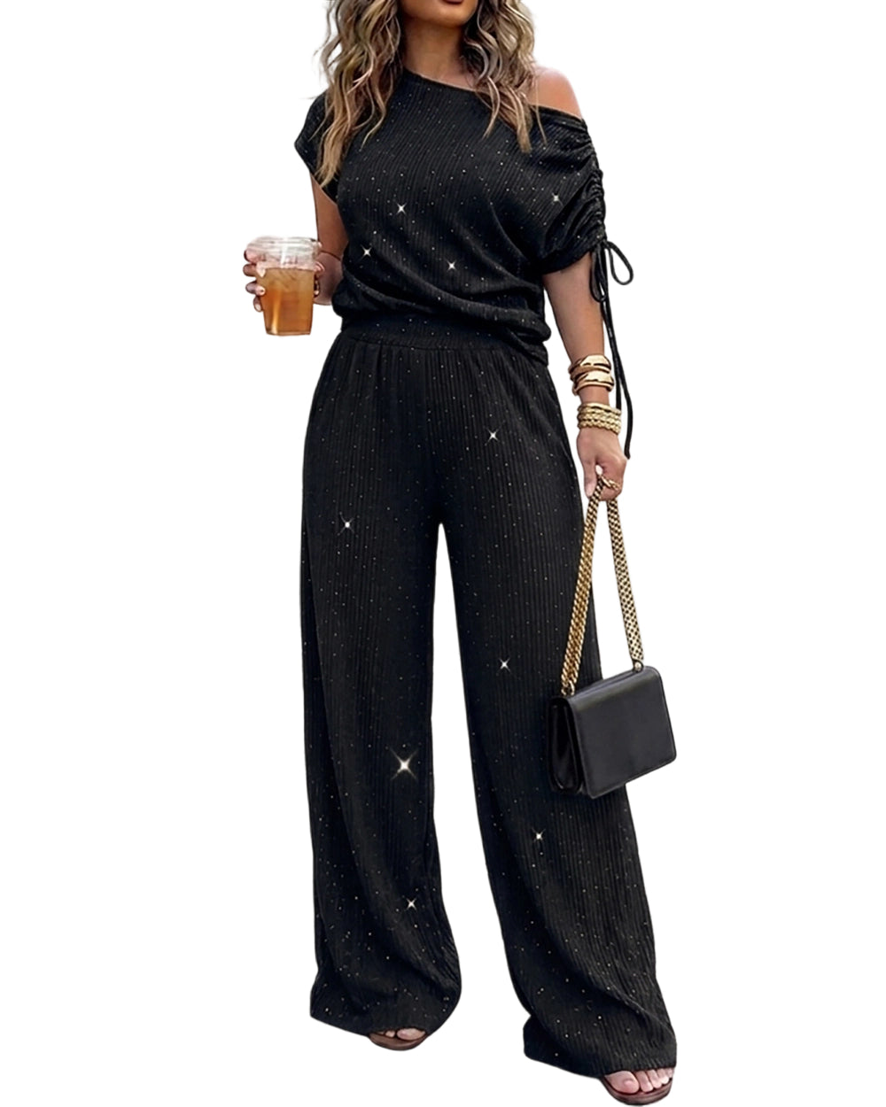 CHICME DAZZLE Women Rhinestone 2 Piece Outfit High Waist Wide Leg Pants Set