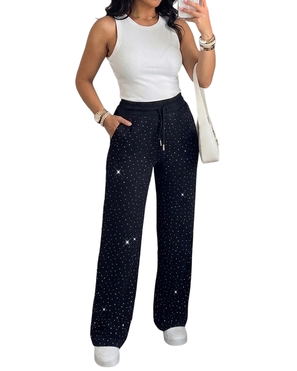 CHICME DAZZLEWomen's Rhinestone Straight Leg Pants High Waist Drawstring Loose Casual Lounge Trousers with Pockets