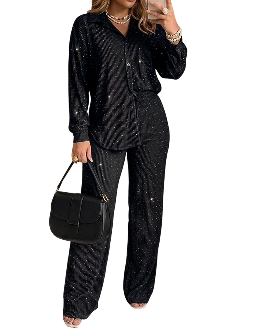 CHICME DAZZLE Women Rhinestone 2 Piece Outfit Drawstring Wide Leg Pants Set