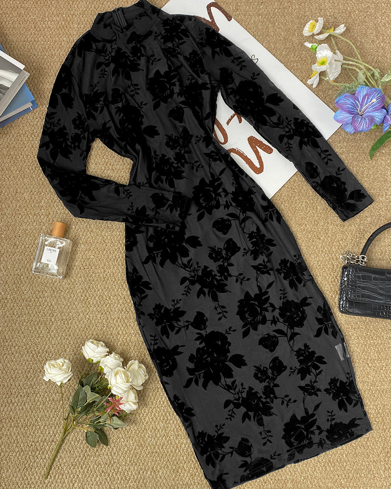 CHICME DAZZLE Women's Floral Mesh Mock Neck Long Sleeve Midi Dress Set