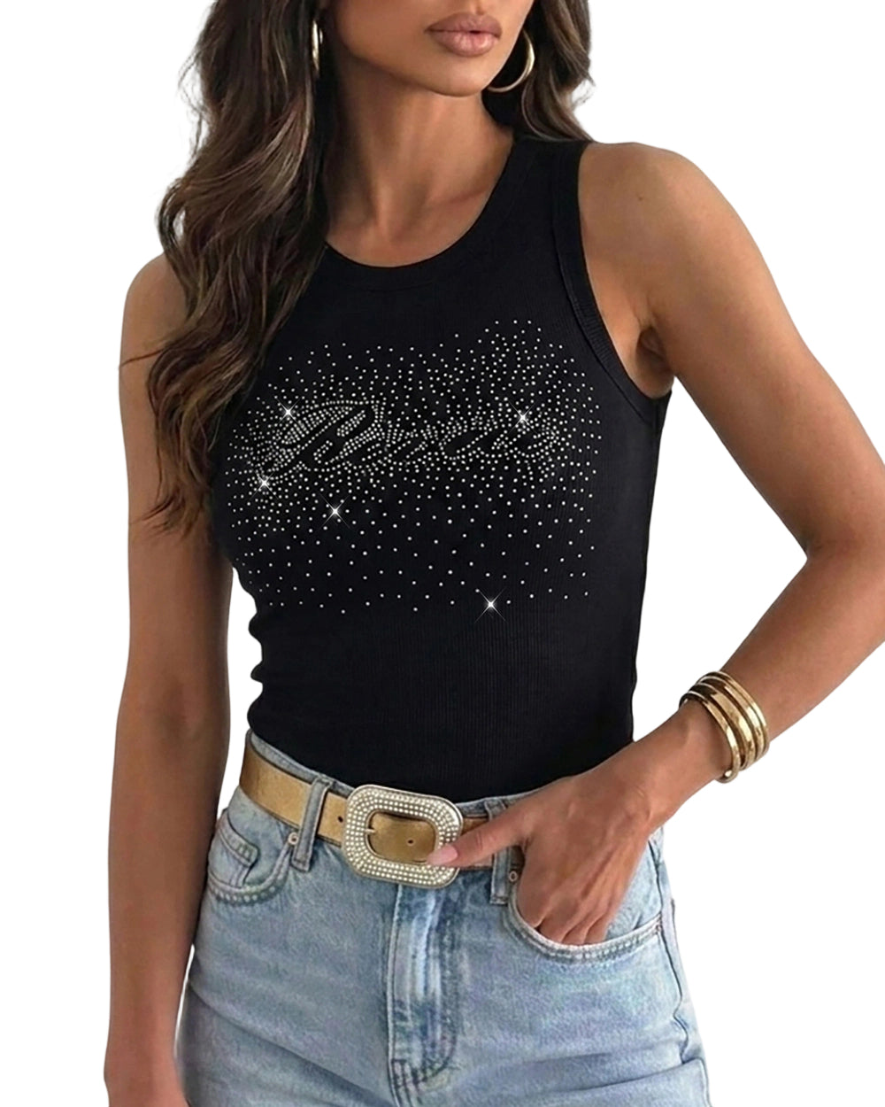CHICME DAZZLE Women Rhinestone Graphic Ribbed Tank Top Slim Knit Top