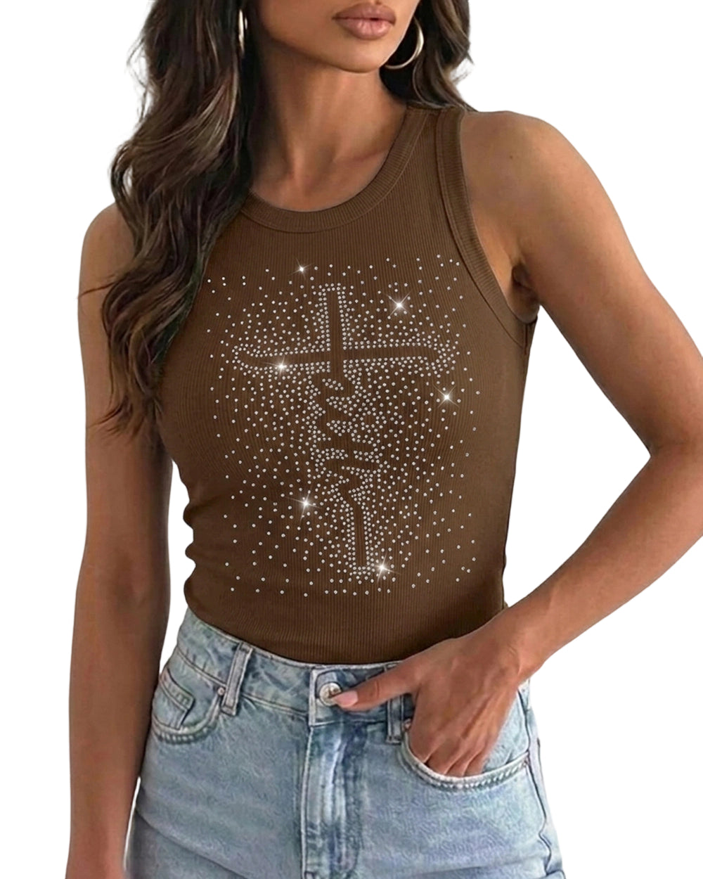 CHICME DAZZLE Women Rhinestone Graphic Ribbed Tank Top Slim Knit Top