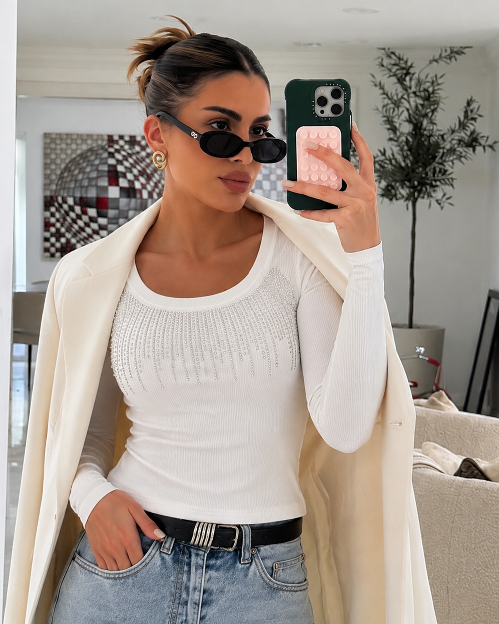 CHICME DAZZLE Women's Rhinestone Long Sleeve Top Fall