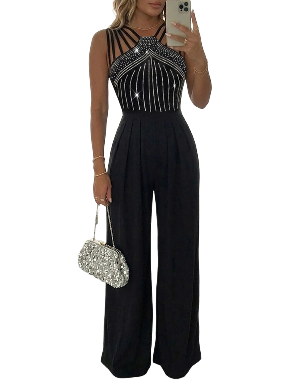 CHICME DAZZLE Women's One Piece Jumpsuit Spaghetti Strap Rhinestone High Waisted Ruched Wide Leg Jumpsuits Evening Romper