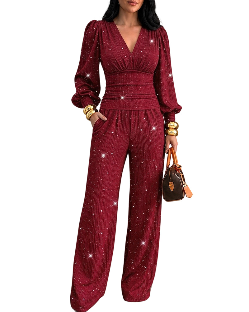 CHICME DAZZLE Women's 2 Piece Glitter Set Deep V Neck Ruched Top Pants
