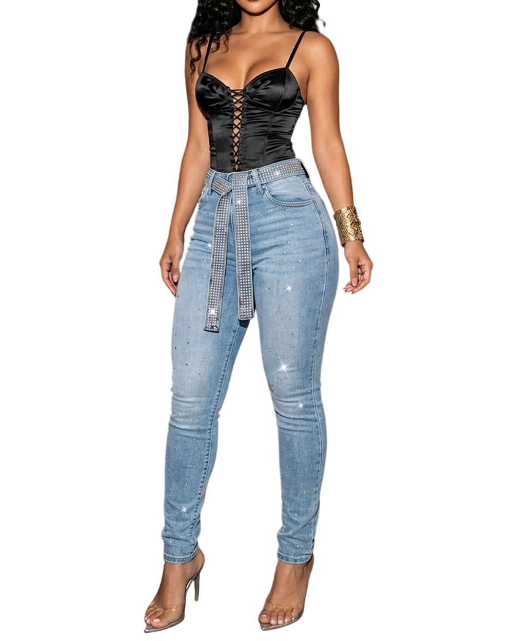 CHICME DAZZLE Women's Rhinestone Skinny Jeans High Waisted Stretchy Pants with Rhinestone Belt Sparkly Jeans for Party