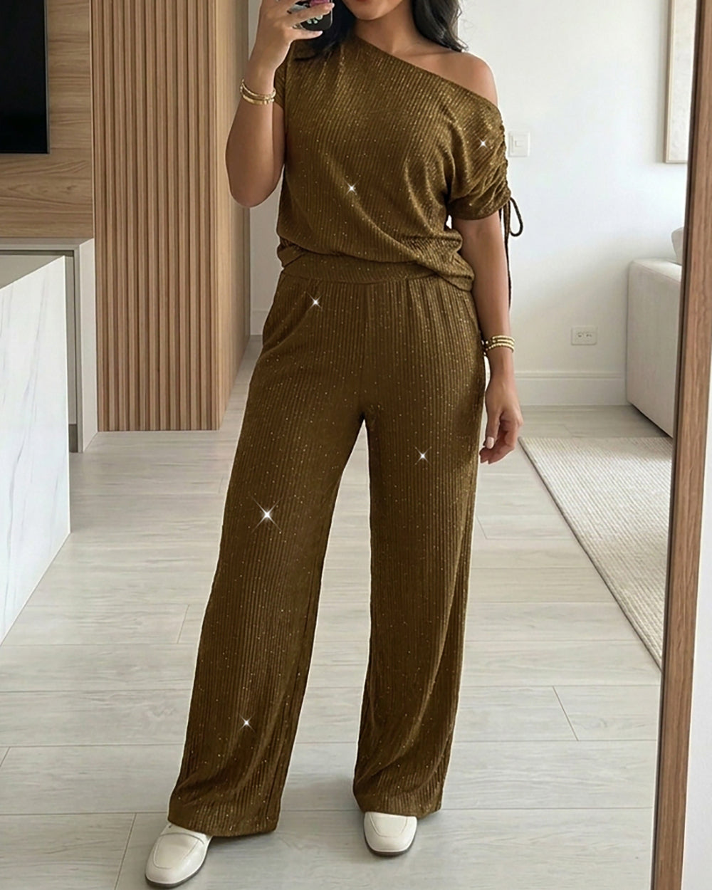 CHICME DAZZLE Women Rhinestone 2 Piece Outfit High Waist Wide Leg Pants Set