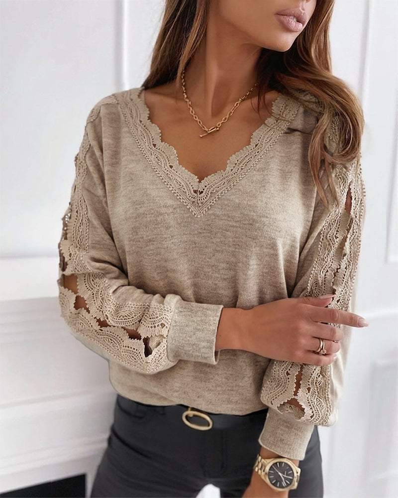 CHICME DAZZLE Women's V-Neck Hollow-Out Knit Long Sleeve Lantern Loose Fit Blouse