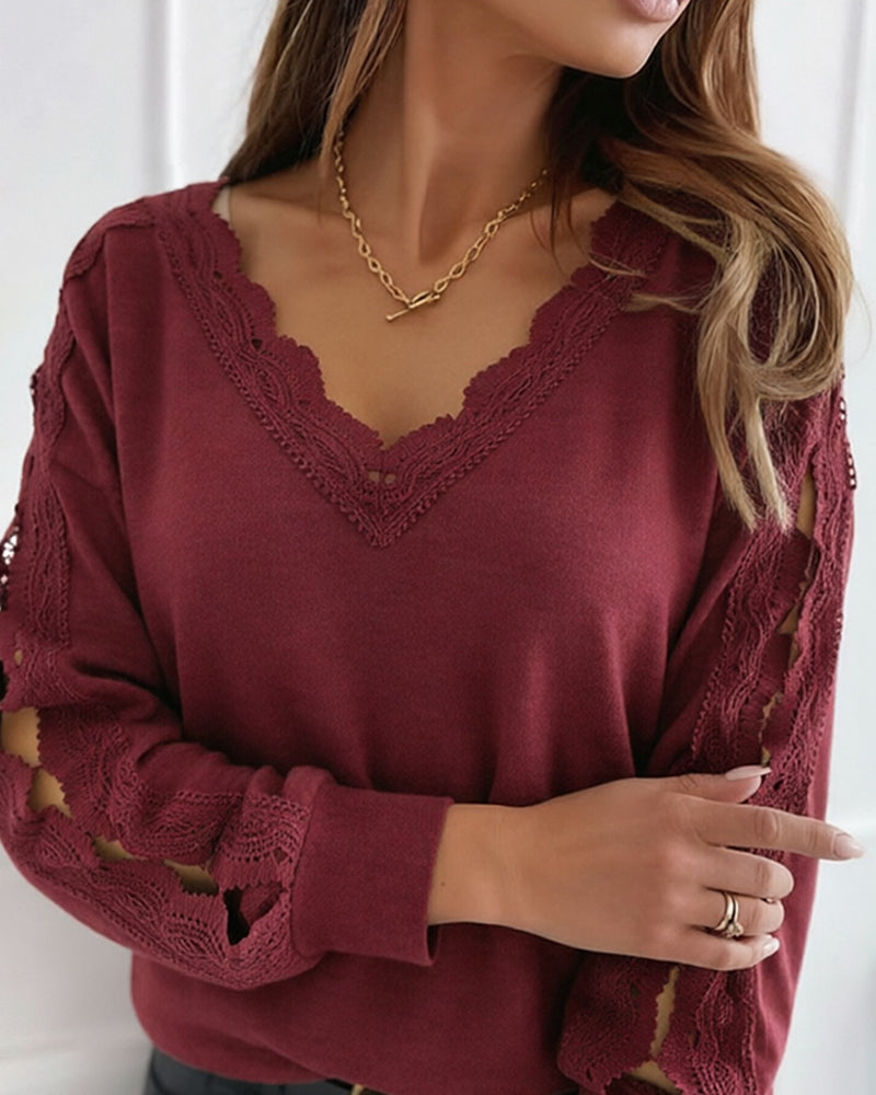 CHICME DAZZLE Women's V-Neck Hollow-Out Knit Long Sleeve Lantern Loose Fit Blouse